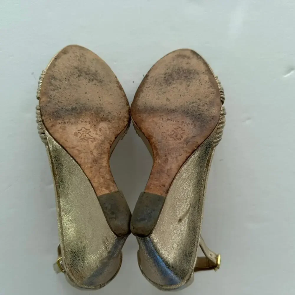 Loefller Randall Allegra Wedge Heels Sandals Gold Size 9 Open Toe Ankle Strap